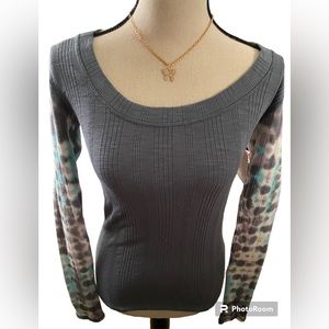 NWT Free People gray long sleeve T-shirt with tie dye sleeves